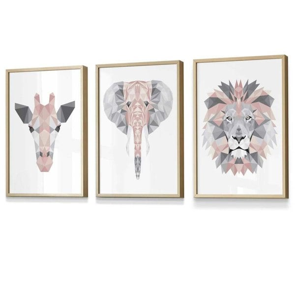 Framed Set of 3 Geometric Blush Pink and Grey JUNGLE HEADS Lion Elephant Giraffe | Artze Wall Art UK