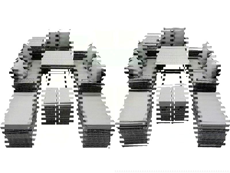 Fimous 10 Seater Wicker PE Rattan Furniture Outdoor Dining Table Double Seat Sofa 4 Stools Side Table Set Dark Grey Mixed