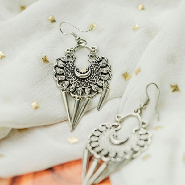 The Colourful Aura Oxidised Intricate Colourful Silver Plated Bohemian Indian Asian Drop Jhumkis