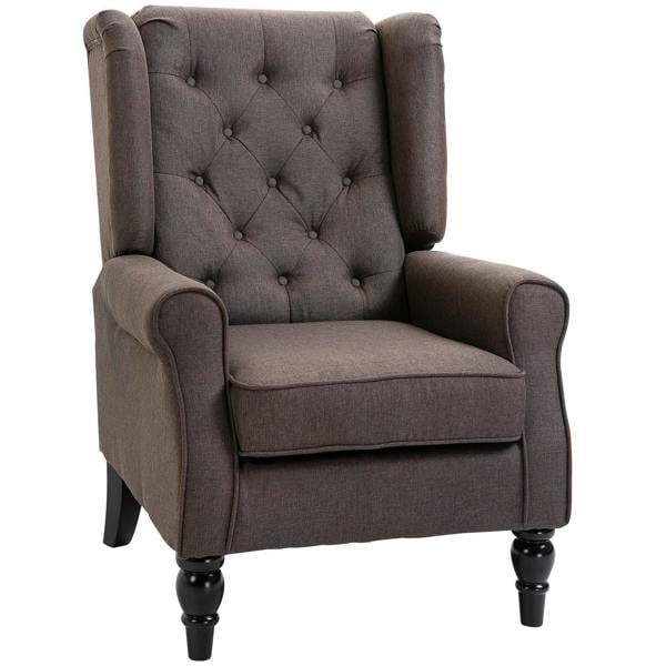 Brown wingback accent chair with button tufted back and rolled arms