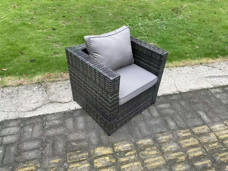 Fimous 5 Seater PE Rattan Garden Furniture Patio Set, Gas Fire Pit Dining Table, Sofa, Armchairs, Big Footstool, Dark Grey Mixed