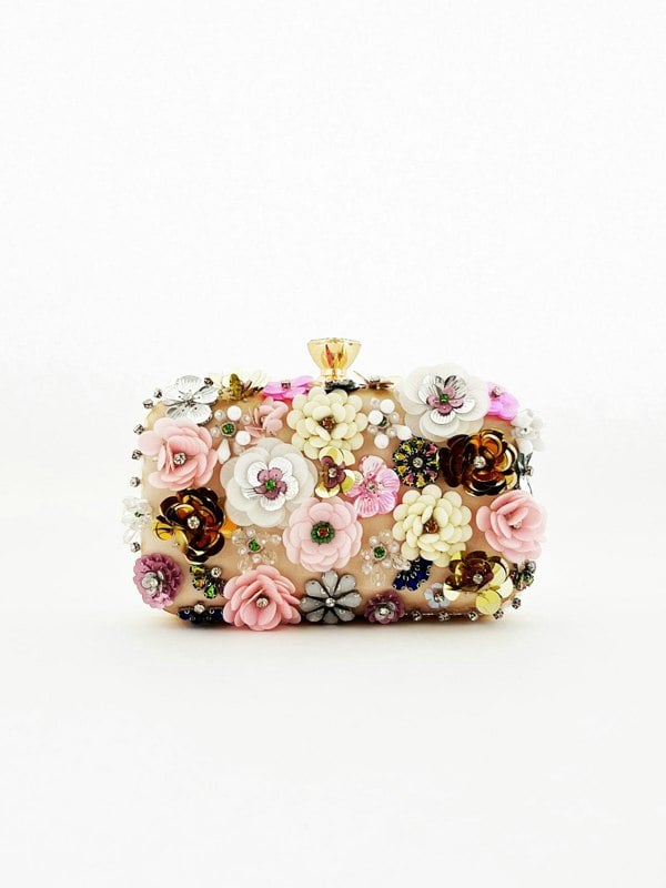 SVNX Floral Applique Clutch Bag in Cream
