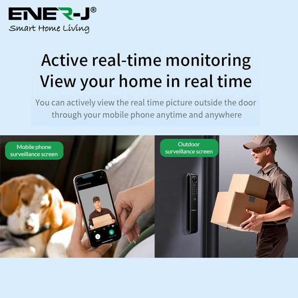 ENER-J Smart Doorlock With Peephole Camera, Works with fingerprint, Passcodes, APP control, RFID Cards & Mechanical Keys, Black housing, IP65