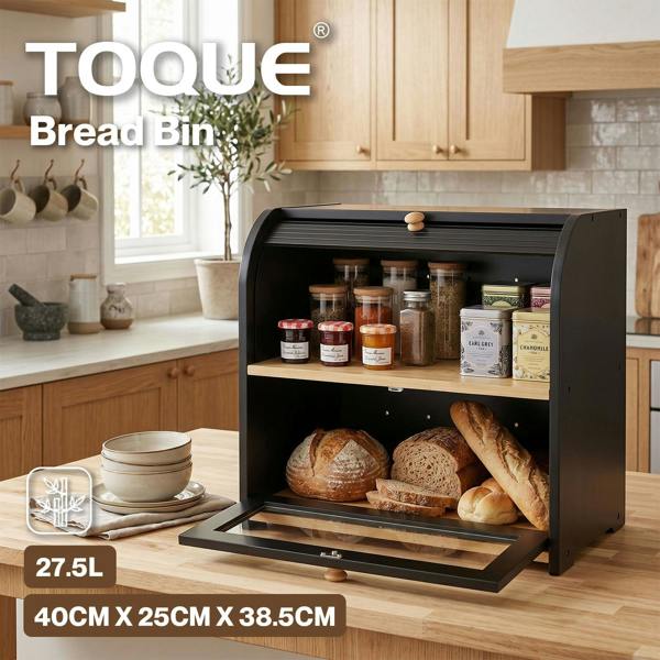 Toque Bread Box  2-Tier Large Capacity Roll Top  Black Bamboo  Acrylic Door