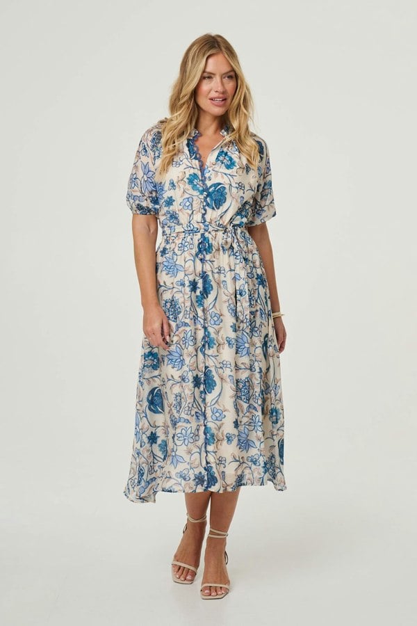 Blue | Floral Lace Trim Tie Waist Midi Dress
