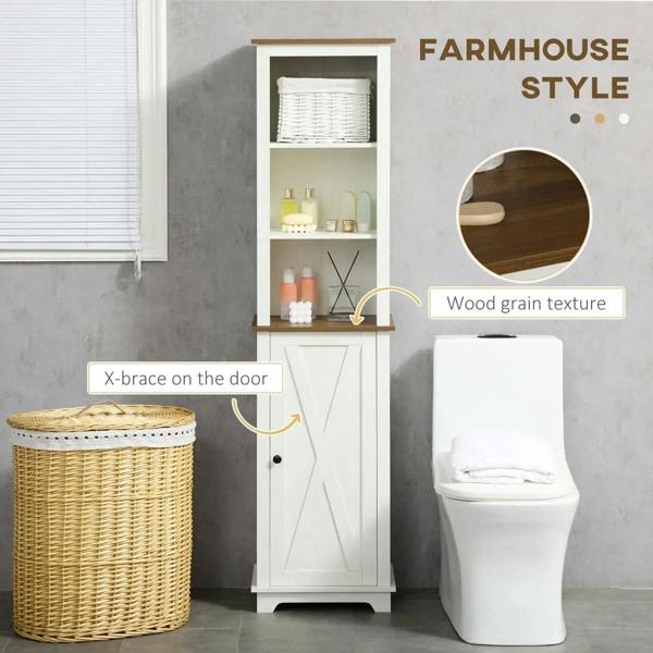 White tall cabinet with open shelves and X-pattern door, dark wood trim top