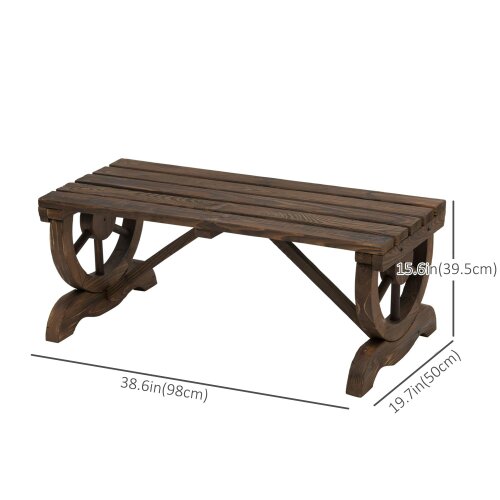 Wyld Haus Vini Wood Brown Rustic Garden Bench With Wagon Wheel Legs And Slatted Seat For 2