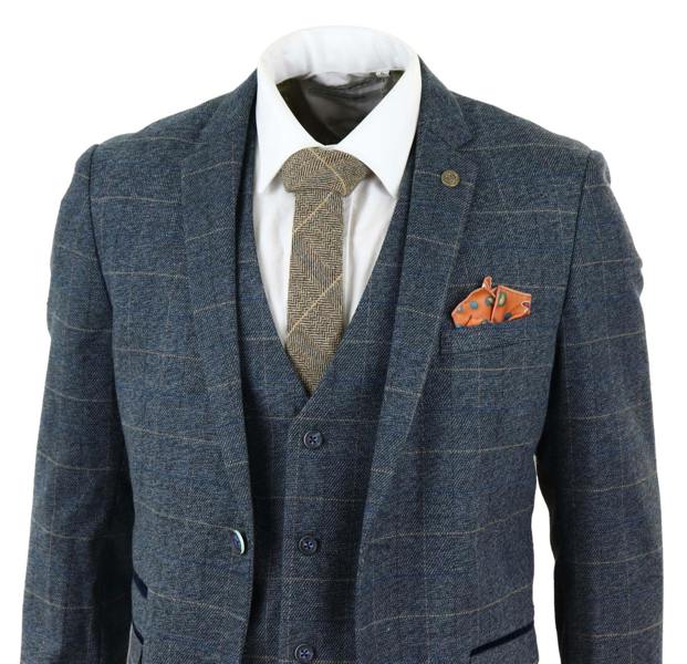 Marc Darcy Mens 3 Piece Blue Tweed Check Vintage Suit