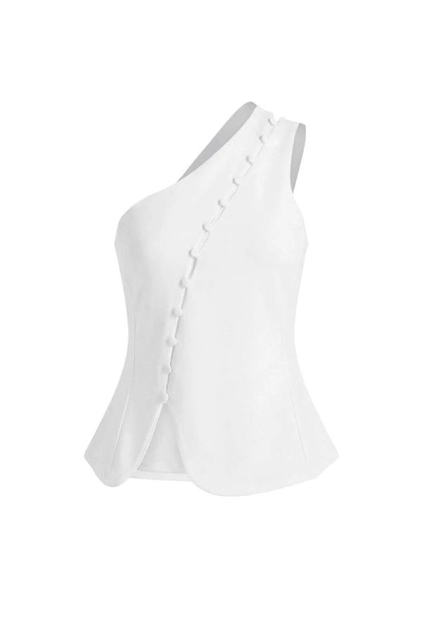 WOVCOR Asymmetrical Collar Sleeveless Buttoned Scuba Crepe Knit Blouse