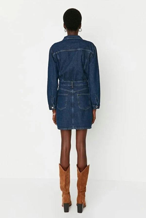 WOVCOR Mini Denim Shirt Dress with Pocket Detail