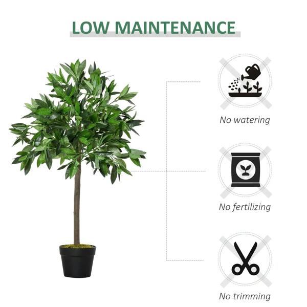 Artificial bay laurel topiary tree with green leaves on brown trunk, in black pot