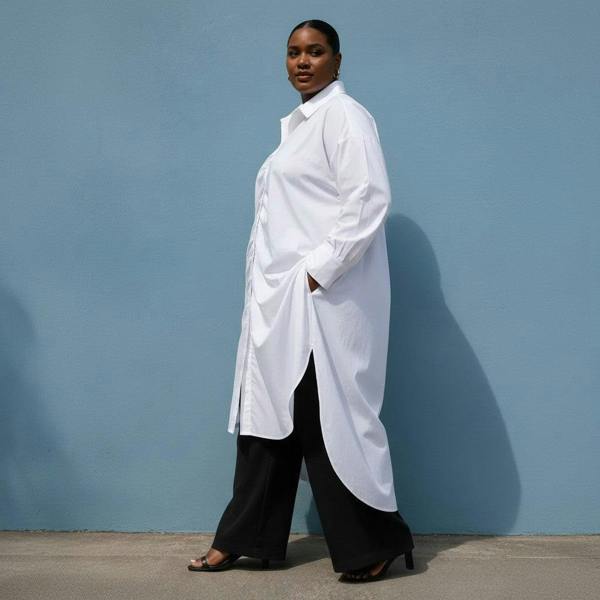 Sylvia Piechulla Plus Size White Ruched Longline Cotton Poplin Shirt Dress