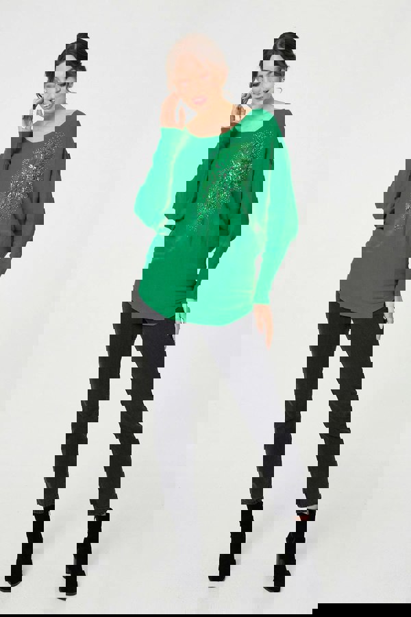 Green | Diamante Embroidered Long Sleeve Top
