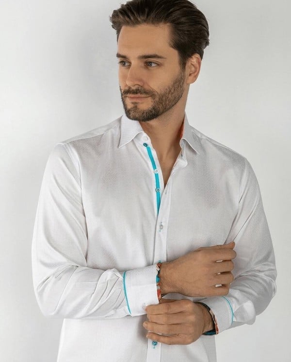 Claudio Lugli Textured Jacquard Shirt W/ Vibrant Floral Insert - White