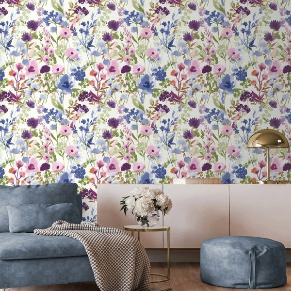 Catherine Lansfield Countryside Floral Wallpaper Pink / Blue