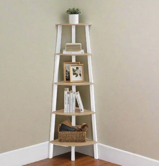 5-tier oak and white corner ladder shelf, modern space-saving bookshelf or plant stand

