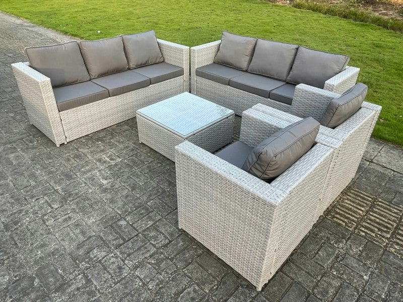 Fimous 8 Seater Light Grey Outdoor PE Rattan Garden Furniture Set Wicker Sofa Set Square Coffee Table 2 Armchair