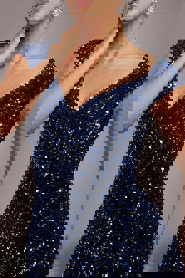 Multi Sequin & Velvet Bardot Midi Dress - Navy Blue DR3550