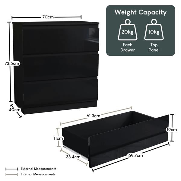 Vida Designs Glinton 3 Drawer Chest, Black