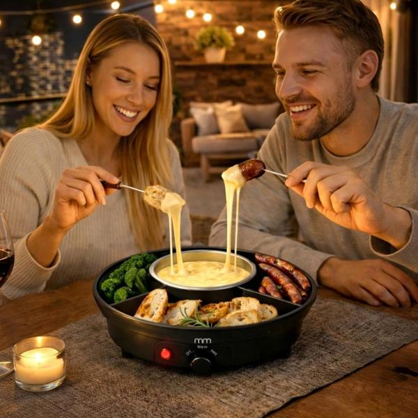 A smiling man and woman sit at a wooden dining table at night, using long forks to lift bread and sausage covered in melted cheese from a black electric fondue set. The central metal pot holds warm cheese sauce, while the surrounding black tray compartments are filled with broccoli florets, bread slices, and sausages. Warm fairy lights and a lit candle create a cosy ambient background.