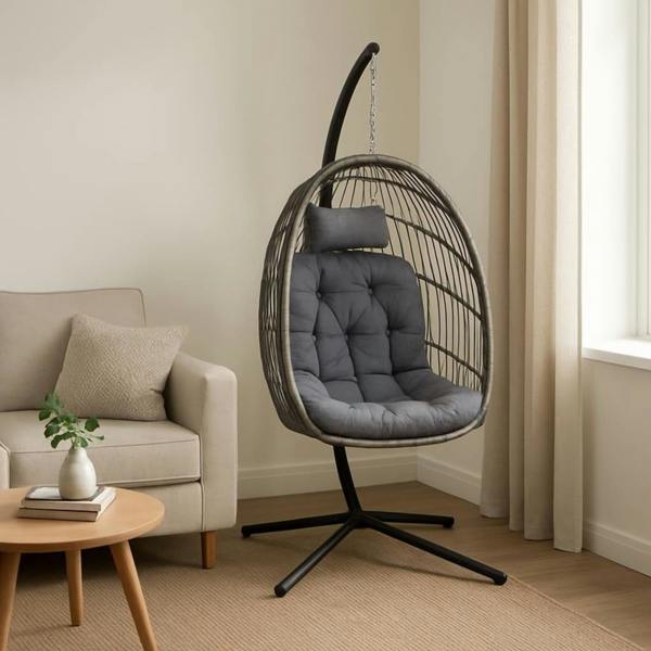 Samuel Alexander Grey Rattan Hanging Egg Chair with Stand & Cushions for Indoor Use