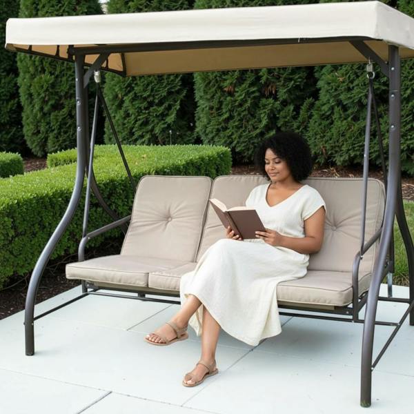 Heavy Duty Garden 3 Seater Swing Seat and Hammock Bed with Canopy, Steel Frame and Textaline Base, Thick Shower Proof Cushions