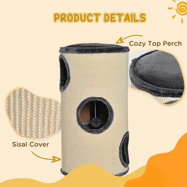Beige sisal cat scratching barrel detail showing plush top perch and oval side hole