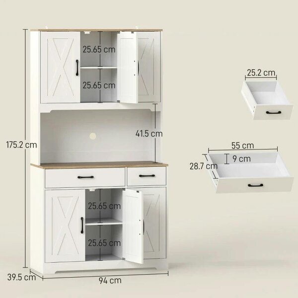 175 cm Tall Kitchen Pantry Cabinet with Microwave Stand, Freestanding Pantry Cupboard, White