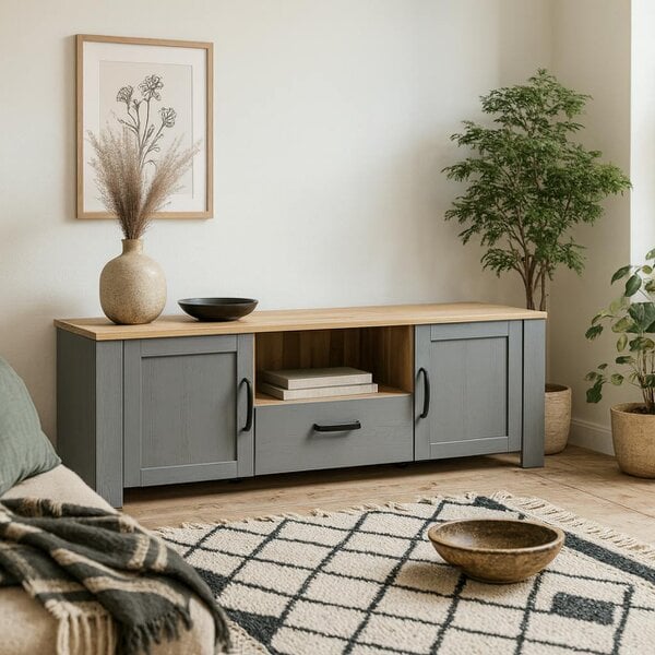 Wyld Haus Bramblecroft Grey and Natural Oak Wood TV Unit 2 Door 1 Drawer