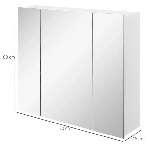 White wall-mounted mirror cabinet with three mirrored doors, 70 cm wide, 60 cm high