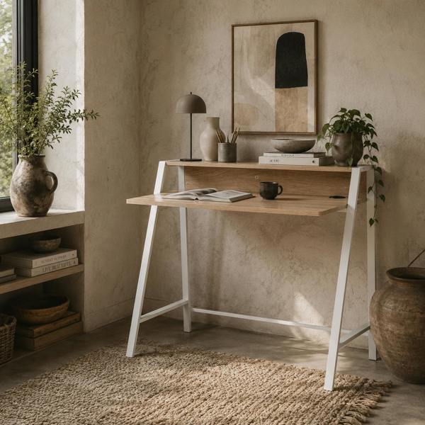 Wyld Haus Dodosu 84cm Wooden White And Oak Compact Writing Desk With Storage Shelf