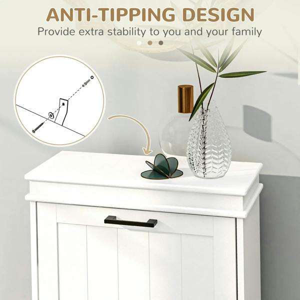 White anti-tipping design shoe cabinet with two flip drawers and black handle bars