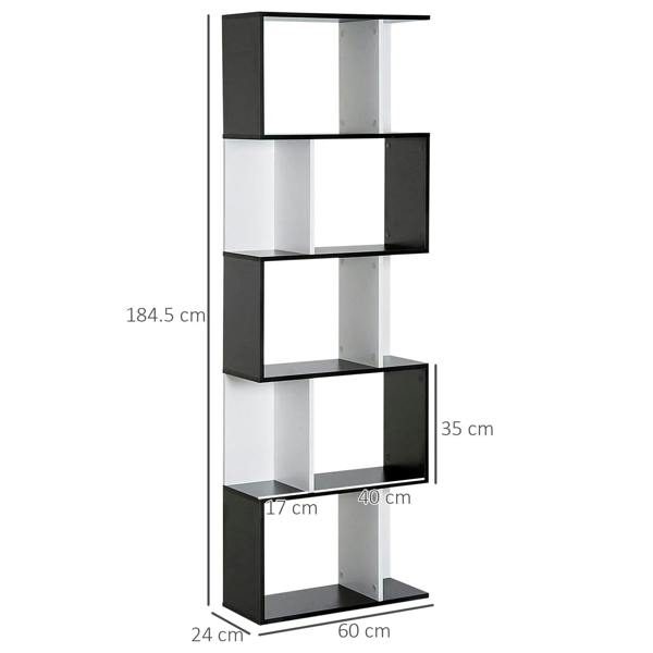 S-shaped wooden bookshelf in black and white with five open storage tiers