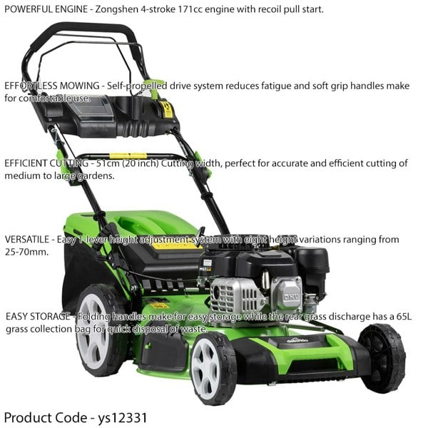 51cm 171cc 4-Stroke Petrol Lawnmower - Hand-Propelled Manual Grass Cutter Mower - LoopsDirect