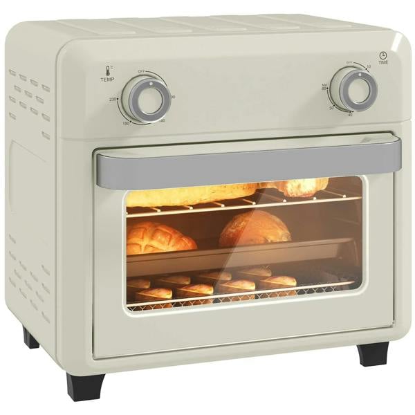 Cream white mini air fryer oven with glass door, front dials, and visible interior rack