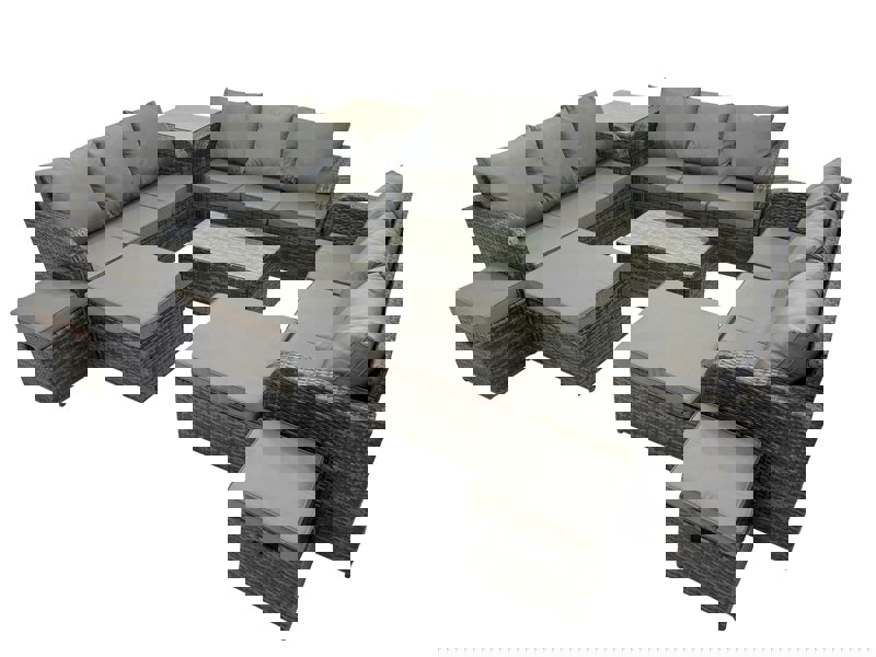 Fimous Outdoor 3 Seater Sofa Coffee Table Set Garden Rattan Furniture Set 13 Seater with Side Table 4 Stools Dark Grey