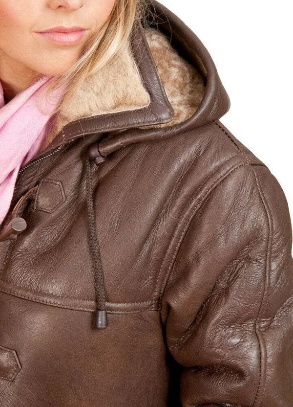 Infinity Leather Womens Brown Hooded Sheepskin Leather Duffle Coat-Charlotte