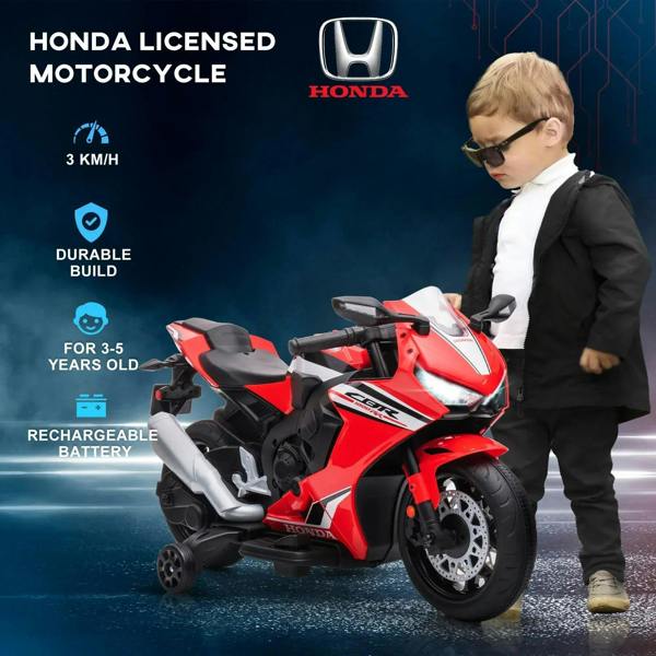 Red and black Honda licensed kids motorcycle with training wheels, ridden by child