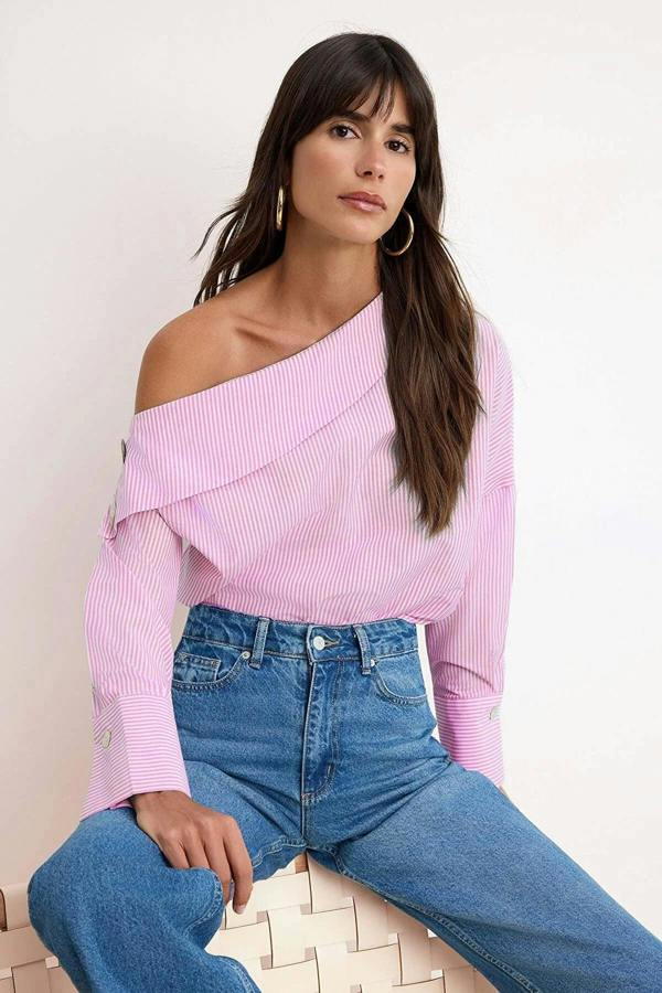 WOVCOR Asymmetric Neck Long Sleeve Woven Blouse