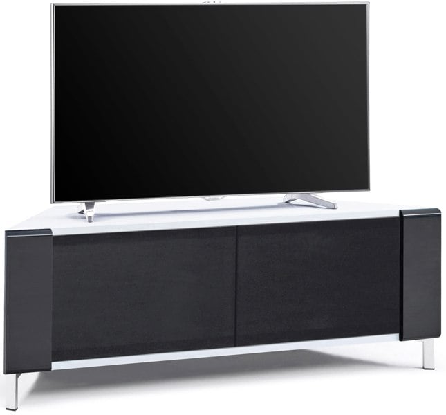 MDA Designs CORVUS Corner-Friendly Gloss White Contemporary Cabinet with Black Profiles Black BeamThru Glass Doors for Flat Screen TVs up to 50"