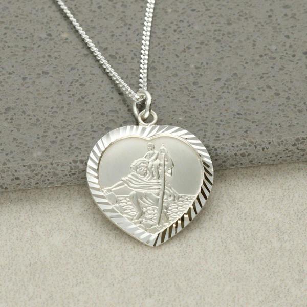 Christopher James of London 9ct White Gold Diamond Cut Heart St Christopher Pendant With Optional Engraving and Chain