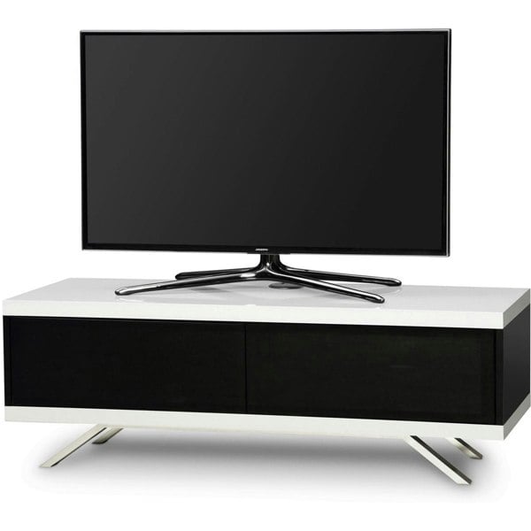 MDA Designs TUCANA 1200 HYBRID Black White TV Stand BeamThru Remote-Friendly Doors up to 60" Flat Screen TVs Media Cabinet