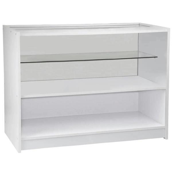 C1200 retail shop counter in brilliant white, featuring a sleek design, glass shelf, and spacious lower storage area