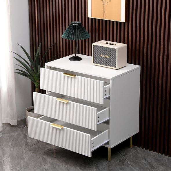 MMT Furniture Designs White Gloss Chest of Drawers, Gold Handles & Legs, 3 Drawer