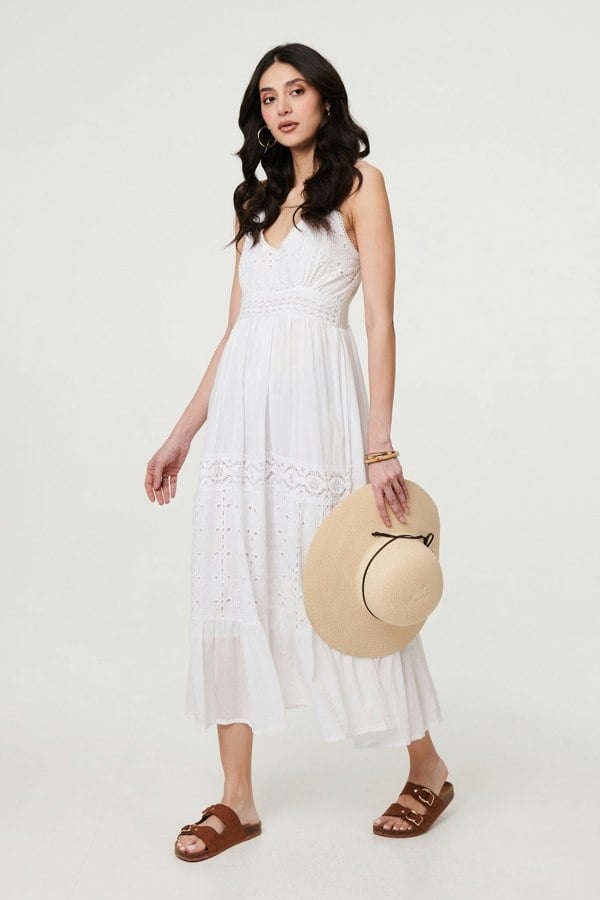 White | Broderie Anglaise Cami Strap Maxi Dress
