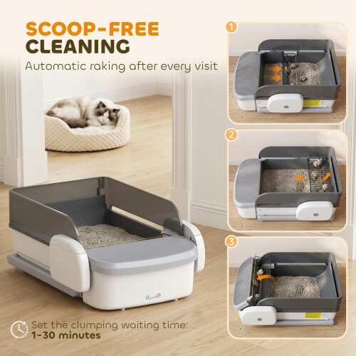 PawHut Self Cleaning Cat Litter Tray, Open-Top Automatic Litter Box with APP