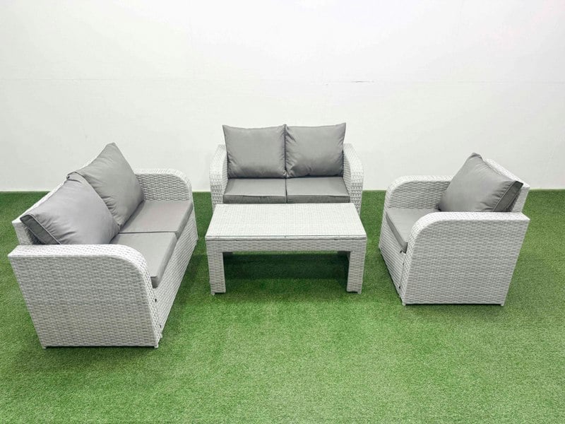 Fimous High Back Poly Rattan Garden Furniture Set with Reclining Chair Loveseat Sofa Oblong Coffee Table Indoor Outdoor Patio  Set Light Grey