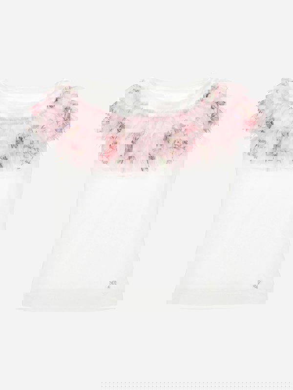 Monnalisa Girls Floral Ruched T-Shirt in Ivory