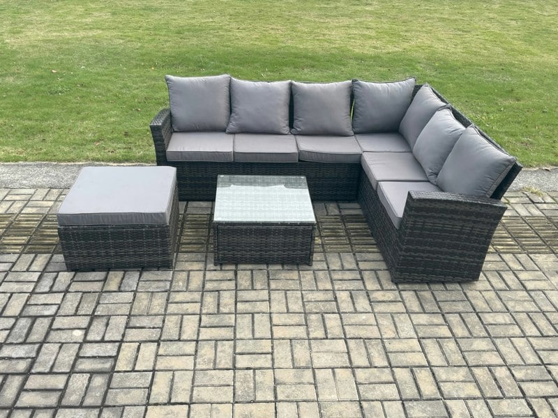 Fimous Rattan Garden Furniture Set Outdoor Lounge Corner Sofa Set With Square Coffee Table Big Footstool 7 Seater Dark Grey Mixed