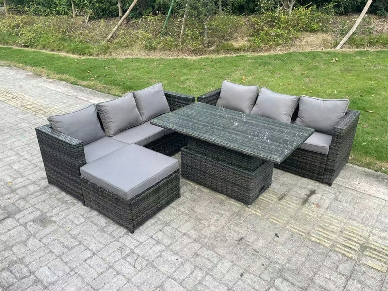Fimous 7 Seater Wicker PE Rattan Garden Furniture Sofa Set Outdoor Adjustable Rising Lifting Dining Table Set with Big Footstool Dark Grey Mixed